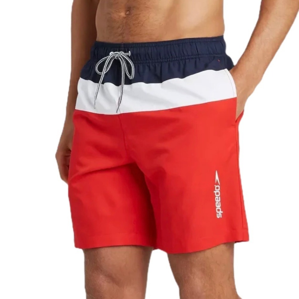 Speedo Mens Red White Navy Colorblock Swim Trunks Mesh Lined Board Shorts Large